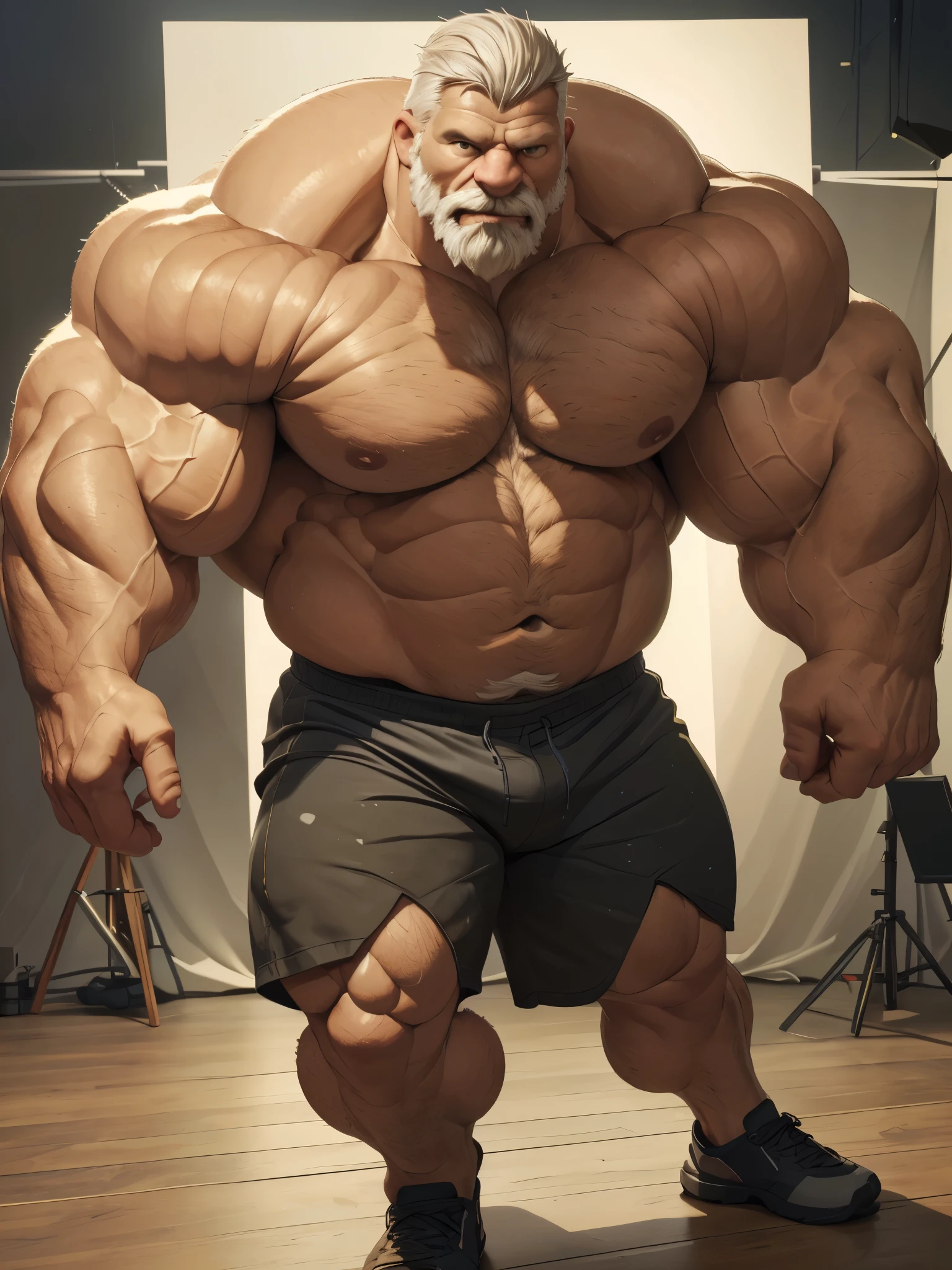 Wide medium shots, ground level camera shot, (best quality,4k,8k,highres,masterpiece:1.2),ultra-detailed,(realistic,photorealistic,photo-realistic:1.37),((massive muscular)) ((huge Muscular)) old man standing in photo studio, simple background,  shorts , white hair, super thick arms, super big pectoral, super wide pectoral, topless, shirtless. 