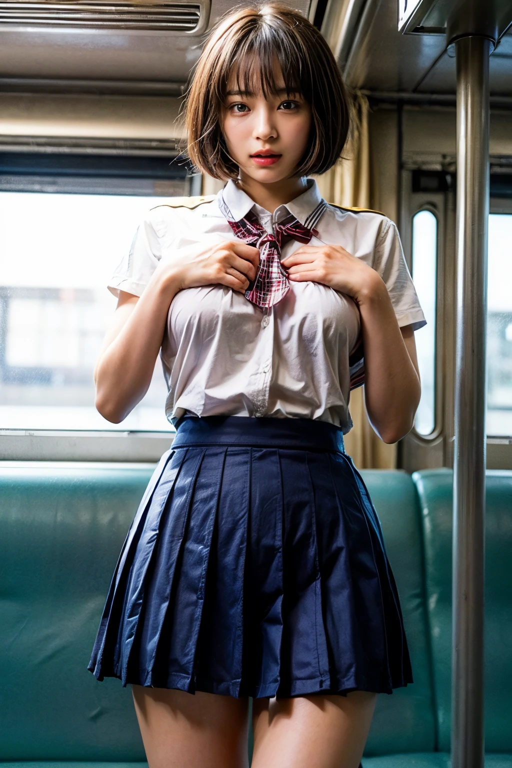 (8K、Raw photo、highest quality、masterpiece:1.2)、(realistic、Photoreal)、1 girl,(High school girl pulls up her skirt on the train and shows off your panties:1.6)、(cute face:1.3)、Japanese 1 girl,(Japan High School Girl)、(1 real high school girl)、(Japan High School Uniforms:1.6),small breasts,perfect skin,detail skin,(cute girl,short hair,Squeezing breasts:1.7)