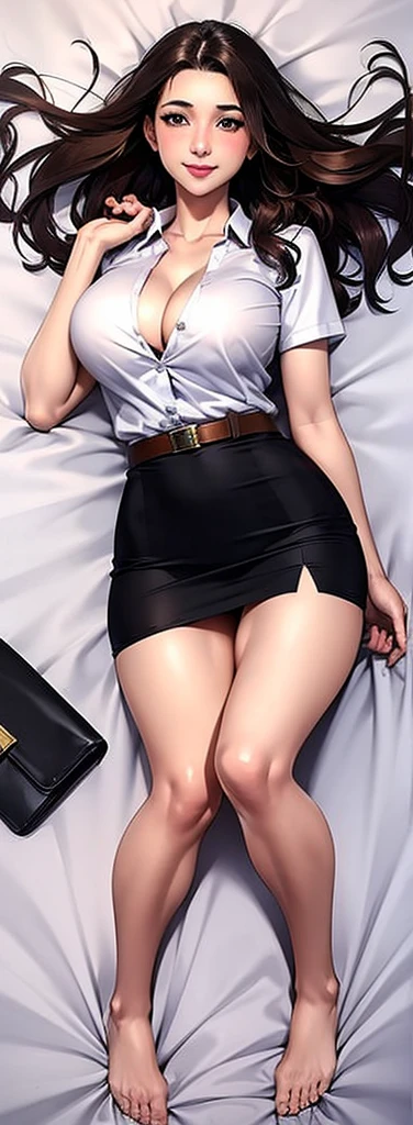 anatomically correct, masterpiece, best quality, 8k, textured skin, depth of field, full body lying pose,1girl 20 years old, light brown curly hair, blush, makeup, light smile, mahalaiuniform, white shirt short sleeves, belt, black pencil skirt, cleavage, large breasts, slender legs, Barefoot, dakimakura (medium), lying on back, Very soft bed sheet