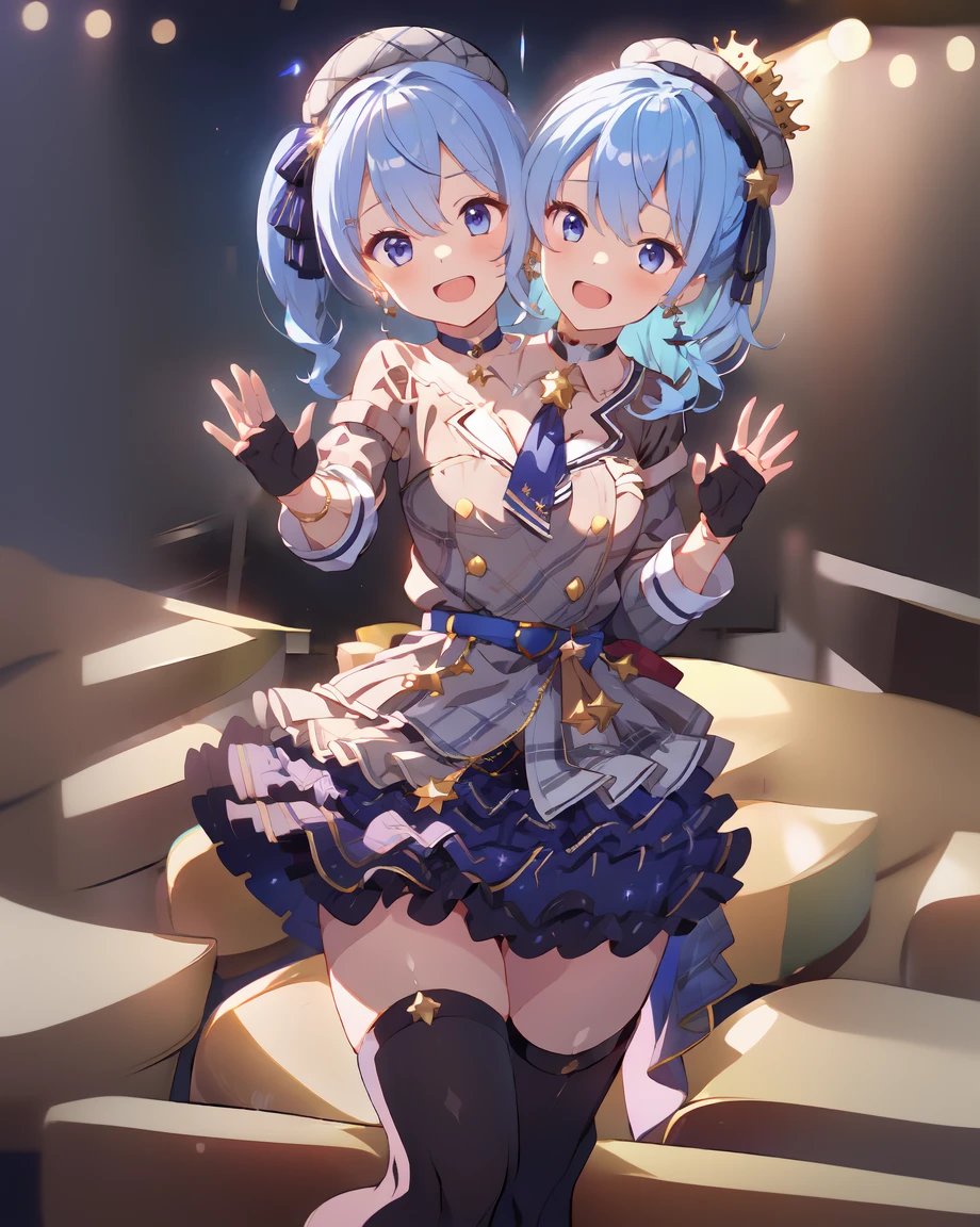 (masterpiece, best quality), best resolution, (2heads:1.5), dynamic angle, 1girl, HoshimachiSuisei, side ponytail, blue hair ribbon, SuiseiBase, plaid beret, crown, blue star choker, star earrings, blue ascot, plaid jacket, plaid skirt, layered skirt, partially fingerless gloves, star bracelet, uneven legwear, thigh strap, standing, waving hands, smile, open mouth, singing, look at viewer, happy, excited, open arms, concert stage, starfield, spotlight