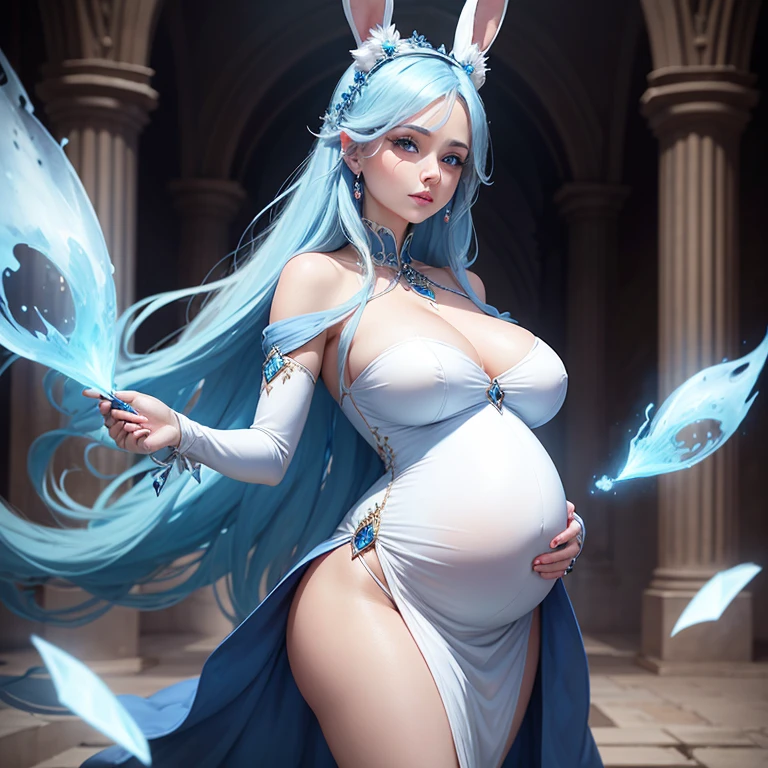 Beautiful pregnant female sorceress, elegant formal and tight white dress with blue details, blue gems, mature, bunny ears, sky blue hair, piercing blue eyes