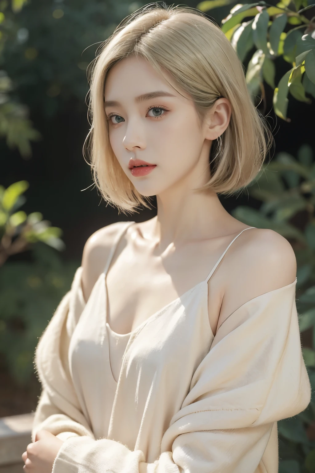 1 girl, Solitary, Lovely, Looking at the audience, Beautiful Body, blush, (Medium Length Silver Blonde Straight Bob), (Small breasts), (Green Eyes), Very lifelike eyes, Fashionable Casual Wear, nice environment, Very detailed, masterpiece, best quality, best quality, high resolution, (masterpiece:1.2), Realistic lighting, incredible lighting