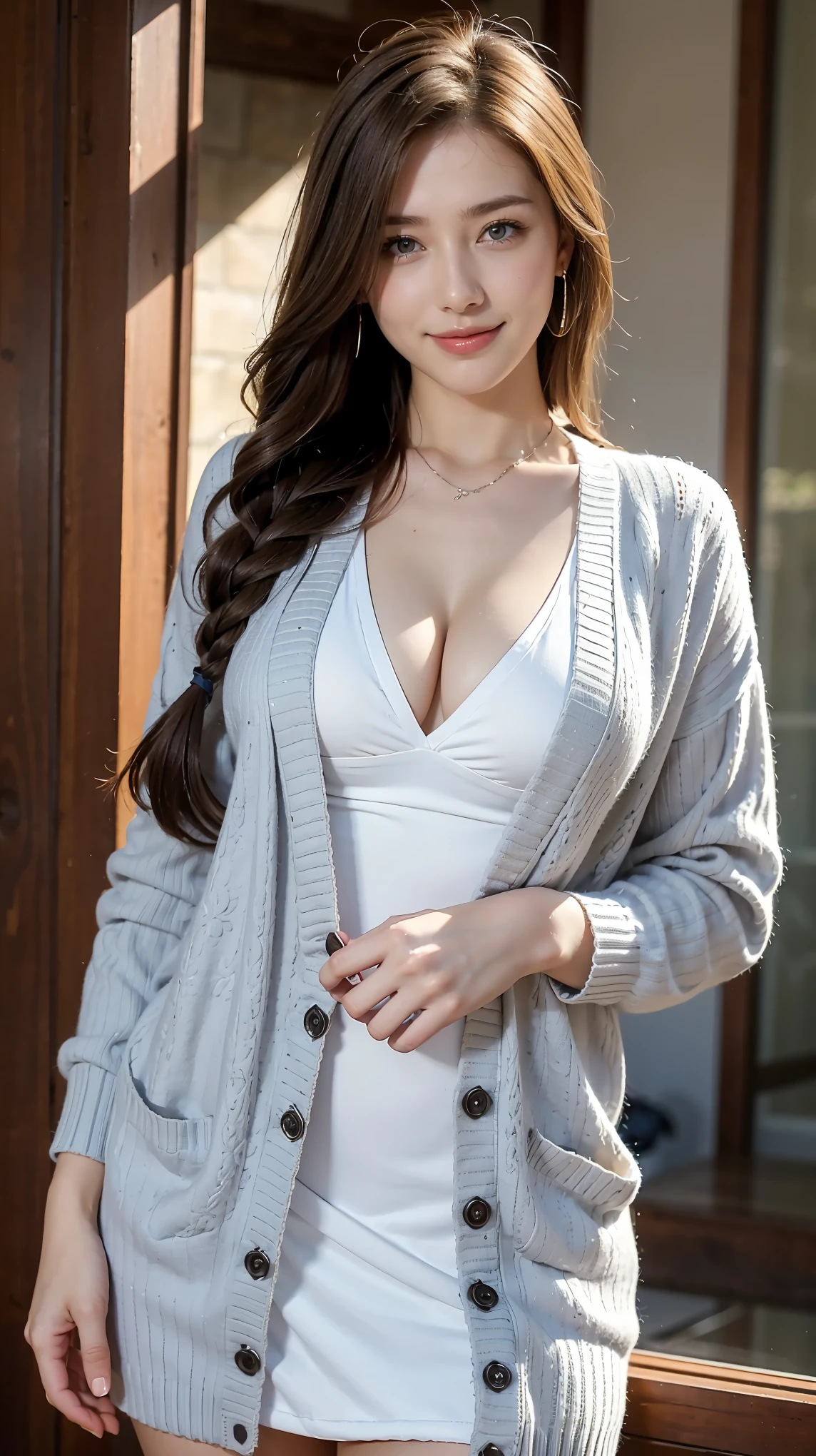 25-year-old Caucasian woman、dark blonde、blue eyes、long hair、setting hair、Her hair is loosely braided and falls over her shoulders.、smile、accessories on the wrist、Slender but well-proportioned muscular body、smile、big chest、Wearing a dress、jacquard knitting wearing a cardigan over a dress、I'm wearing a loose-fitting skirt、smile、be tall、wearing sandals、I'm shopping at a nearby supermarket.、Pushing cart、no panty no bra、(An expression of ecstasy), spread legs, Feeling ecstasy Squat down, Real nipples, Real pussy