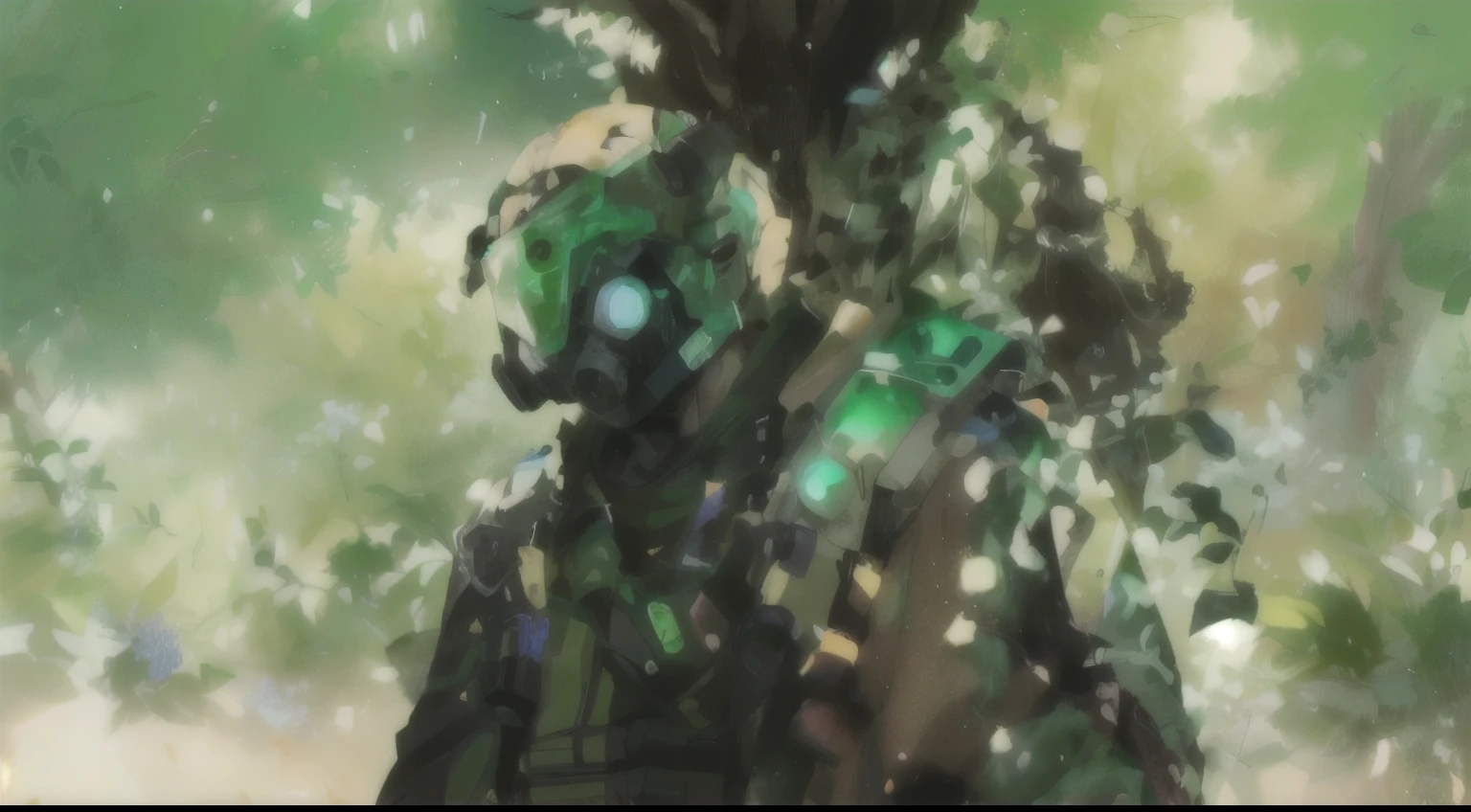 A man wearing a gas mask stands in the woods, Covered with shiny spots, Humanoid Mecha, low detail. number, 4K 精细number艺术, Cyberpunk among the leaves, 4k detailed digital art, Humanoid creature covered with flowers, very detailed number, Portrait of a shaman, 高品质number概念艺术