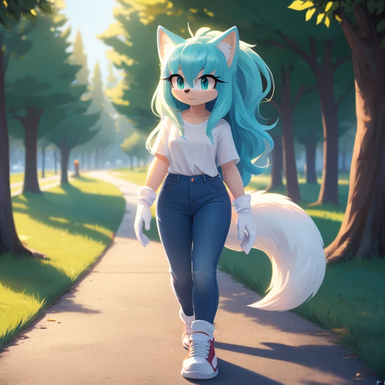 Sonic_(series), mobian, arctic fox, 1girl, solo, masterpiece, high quality, studio quality, intricate details, 4k, best quality, ultra-detailed, cinematic lighting, beautiful lighting, hi res, detailed, detailed background, vibrant lighting, white shirt, jeans, jean jacket, park, path, lamp post, trees, grass, standing, white sneakers, white gloves, cute, beautiful, small waist, wavy bangs, long hair, fluffy hair, long tail, fluffy tail, aqua hair, aqua eyes, white fur, white skin