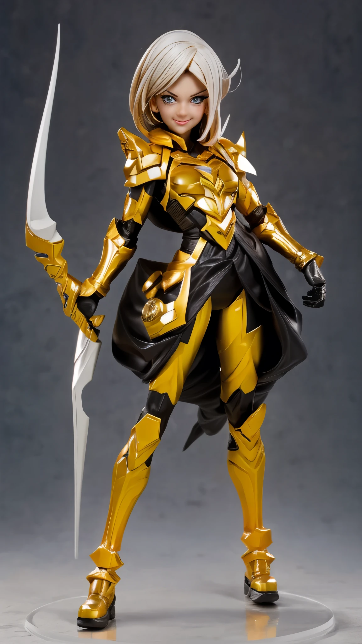 (best quality,4k,8k,highres,masterpiece:1.2),ultra-detailed, An action figure of a Alien Princess, with lightning powers and stylized golden electric armor, short blond hair, strutting her stuff, Smiling and laughing, Flirting with the viewer, , ((Fullbody-shot)) HDR, 8k, absurdres, cinestill 800, sharp focus, add_detail:2 (1woman, solo)