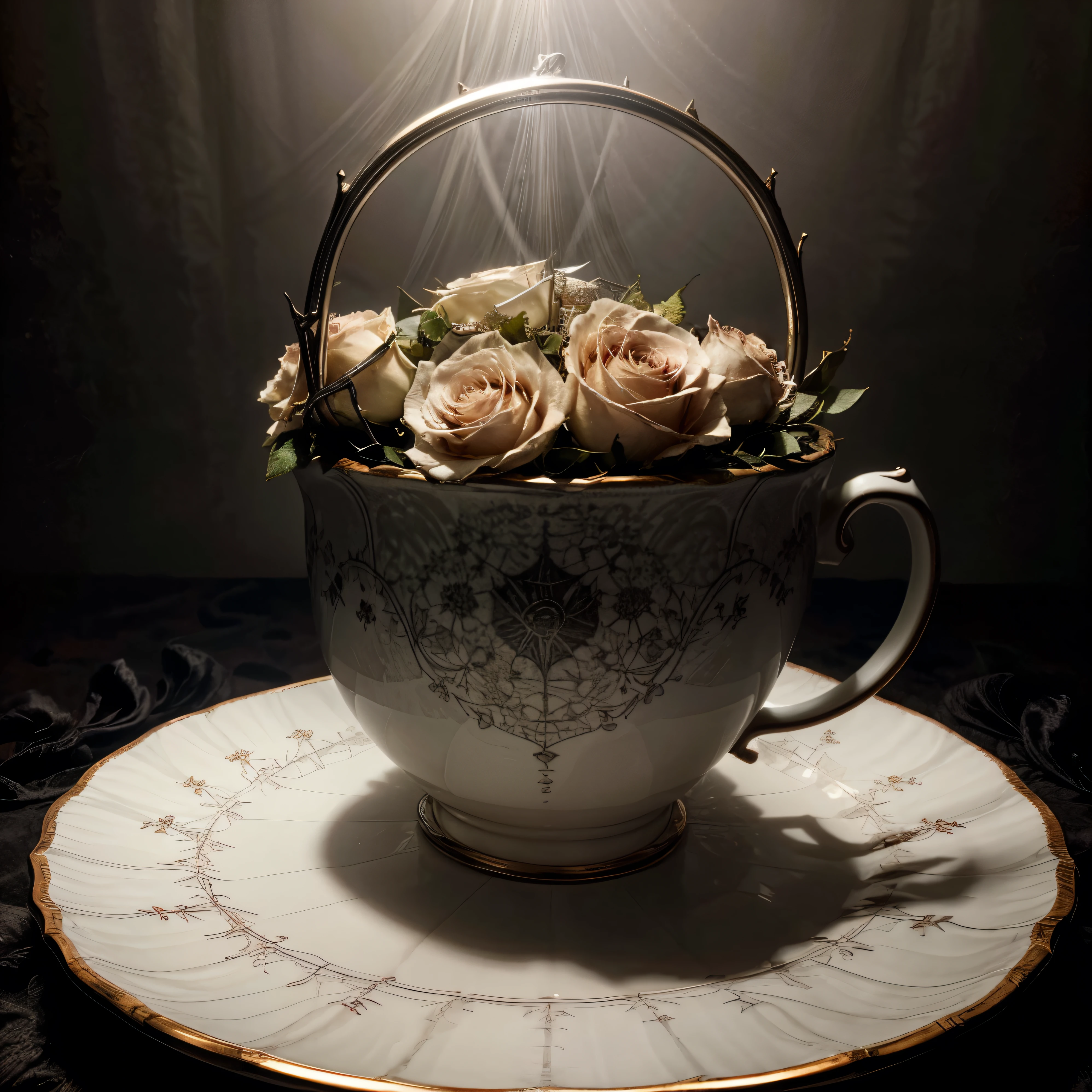 [SUBJECT] A seamless repeating pattern featuring a chipped and cracked porcelain teacup (weight: 1.2) overflowing with wilted white roses (weight: 1.2) and black thorns (weight: 1.2). The background is shrouded in mist (weight: 1.2).
[MEDIUM] Digital art
[STYLE] Surrealism with a gothic influence
[COLOR] Monochromatic with hints of white for the roses (weight: 1.2).
[LIGHTING] Soft, ethereal lighting with a touch of mystery (weight: 1.2).
[ADDITIONAL DETAILS] Delicate spiderwebs drape across the teacup and roses (weight: 1.2). The pattern should seamlessly repeat in all directions.