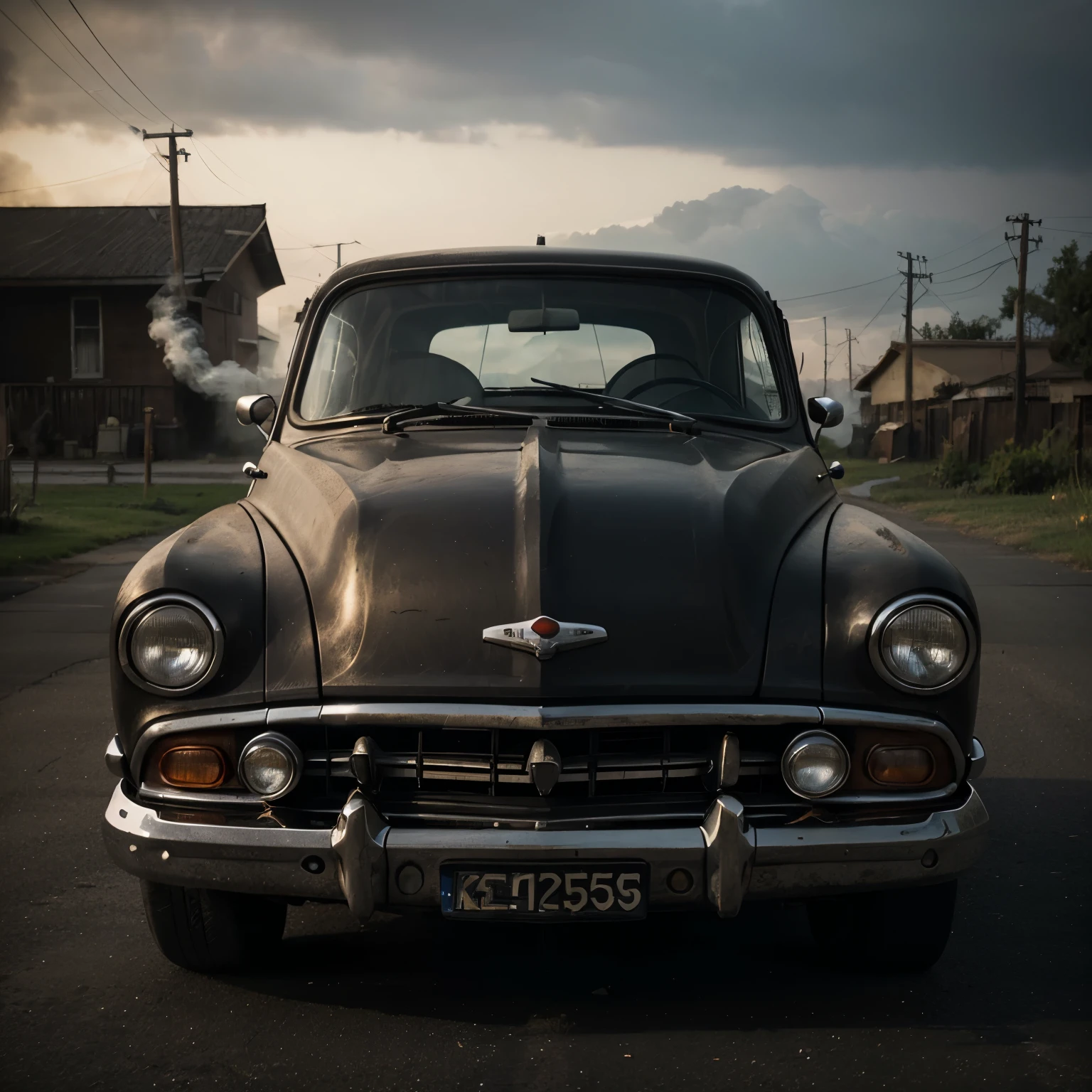 An old car is smoking from the motor. No people or other cars are in the photo. Only the car with smoke coming from the motor with its hood open. No sunlight. Smoke coming from engine and not background. Smoke is only coming from the front of the cars hood