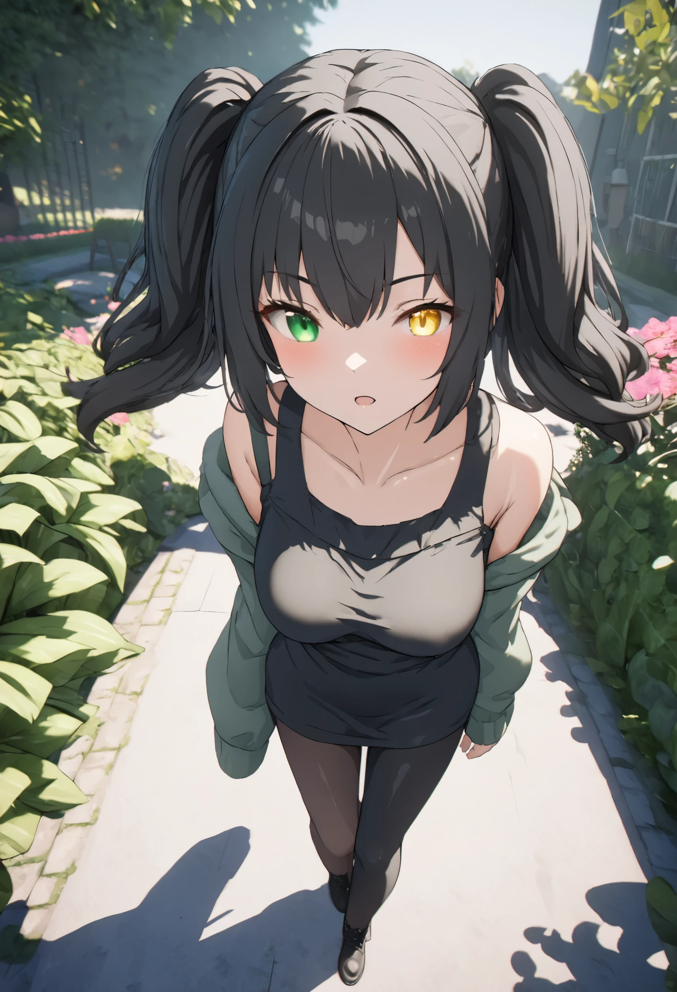 (((best quality ultra-detailed,unity 8k))),1 girl,Shiny Hair,(((twin drill))),medium hair,(heterochromia green eye yellow eye),Black Hair,Walking.garden,medium breasts:1.5,Casual attire,