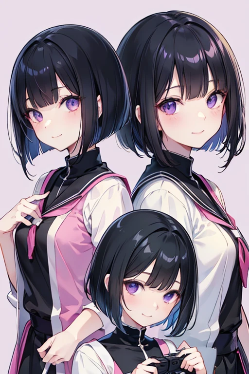 anime風のかわいい***,High resolution,Black Hair,Bob,fine,Active,Beautiful purple eyes,smile, A big smile、Short Hair、Light purple eyes、Beautiful eyes、Character portrait、Cute pose、Cute clothes、Round eyes、Long eyelashes、anime、Shining Eyes、Cute face、楽しいsmile、Fashionable clothes、Simple Background、so beautiful、Active、Black Hair、Playing a game、Have a controller、looks fun