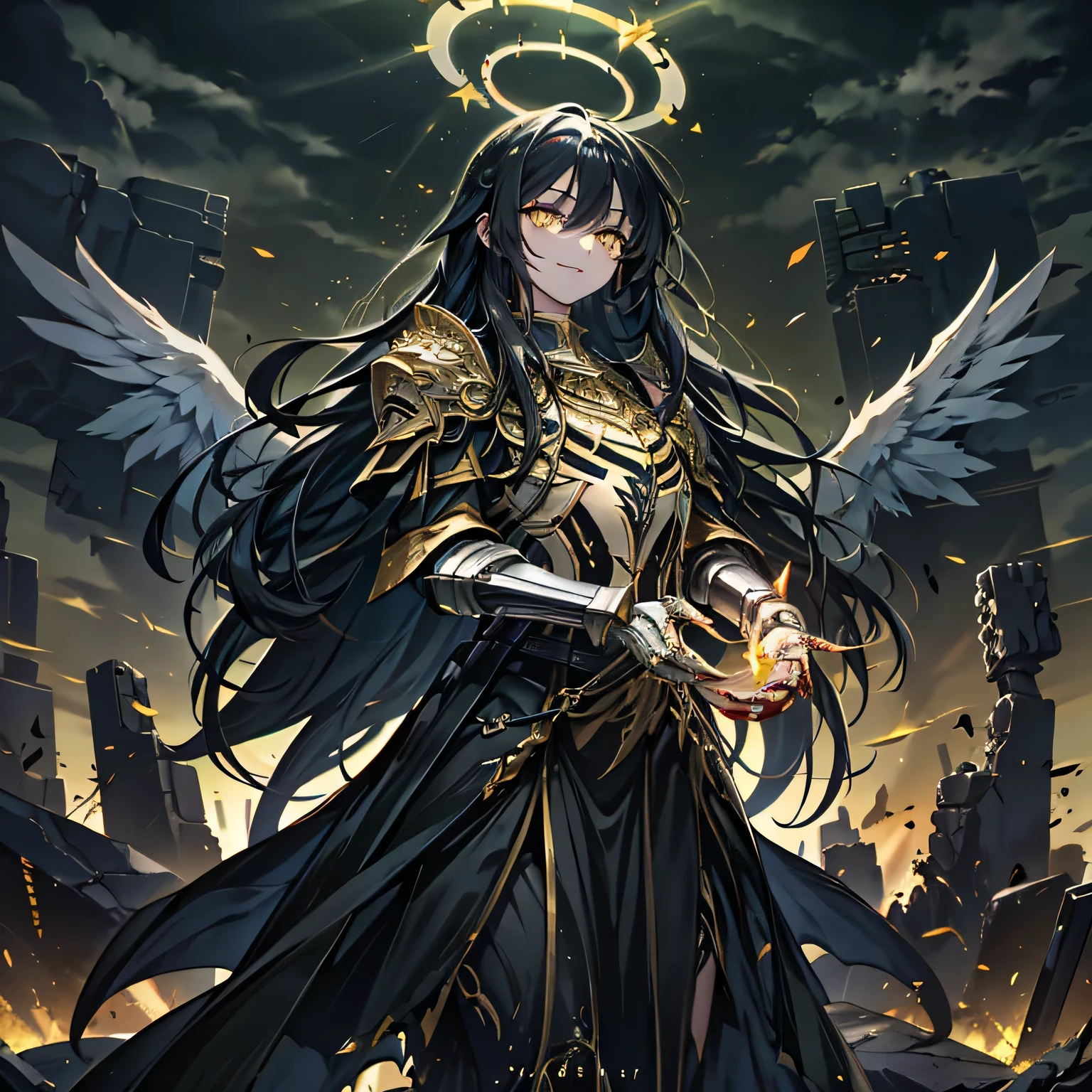 Masterpiece, angel, woman, adult, thirty years old, mature, yellow eyes, glow eyes, black hair, halo of light, dark background, destroyed city, smile, bloody hands