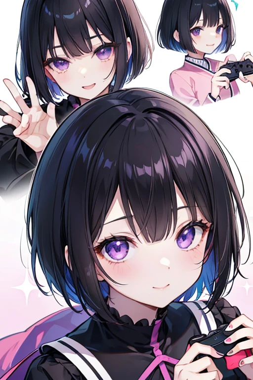 anime風のかわいい女の子,High resolution,Black Hair,Bob,fine,Active,Beautiful purple eyes,smile, A big smile、Short Hair、Light purple eyes、Beautiful eyes、Character portrait、Cute pose、Cute clothes、Round eyes、Long eyelashes、anime、Shining Eyes、Cute face、楽しいsmile、Fashionable clothes、Simple Background、so beautiful、Active、Black Hair、Playing a game、Have a controller、looks fun
