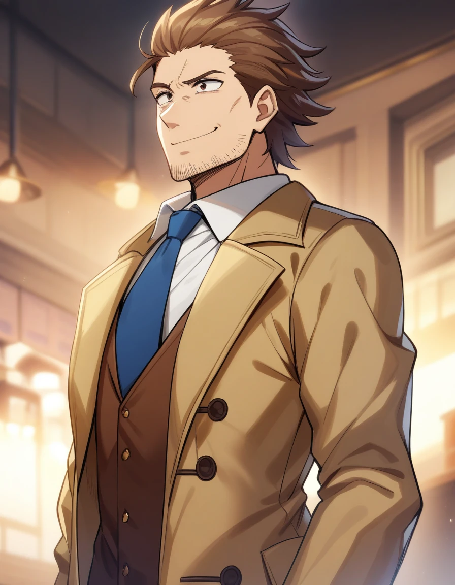 masterpiece, best quality, very aesthetic, absurdres, 1man, goofy mature detective, boned nose, wavy slicked back spiked hair, yellow_brown hair, BREAK shihaku, brown eyes, dandy, virile, stubble, square shaped, large eyes, ugly, rough skin, solo, upperlegs, white collared_shirt, blue necktie, trench_coat, dark worn-out suit, cute smile, standing, BREAK in eroge style, visual novel, 1980s