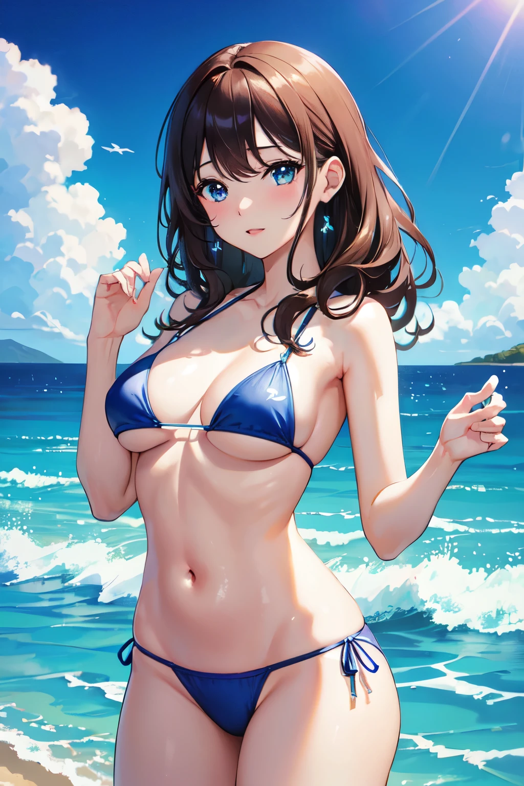 以下は2000文字of詳細なプロンプトです:：

--- Very detailed, Realistic, high-resolution 4K image of a beautiful woman standing topless by the seaside. of woman is the main focus of the image, with every detail of her appearance meticulously depicted to emphasize her natural beauty and the artistic nature of the scene. She has been a long time, Flowing, Wavy hair cascading down the back, catching the sunlight and shimmering with natural highlights. 彼女of肌は日焼けしている, Give her health, Shining and contrasting beautifully with bright light, 彼女of後ろには澄み切った青空. 

Her eyes are expressive and captivating, reflecting the joy and warmth of a perfect summer day. She is gentle, warm smile that exudes confidence and contentment, inviting viewers to share in the serene and blissful atmosphere of the seaside. Her facial features are soft and harmonious, 自然な優雅さが彼女of魅力をさらに引き立てる.

of woman is standing confidently topless, emphasizing her natural beauty and the  of the summer beach setting. 彼女of姿勢はリラックスしていながらも落ち着いています, embodying a sense of ease and grace. 彼女of肩は少し後ろに引かれている, and her arms hang naturally at her sides, 彼女of姿勢of自然な美しさをさらに引き立てている. of focus on her toplessness is tasteful and artistic, ensuring that the image remains elegant and sophisticated.

of background of the image features a stunning seaside landscape, In the endless blue sky, ふわふわof白い雲が点在. of gentle waves of the ocean lap at the shore, creating a soothing and rhythmic backdrop that complements the tranquility of the scene. of sandy beach extends into the distance, with the golden grains of sand sparkling in the sunlight.

In the distance, a few beachgoers can be seen enjoying the sun and sea, Enhance the tranquil atmosphere. of overall atmosphere of the image is bright, warm, and summery, 喜びof気持ちを呼び起こす, relaxation, and . of 