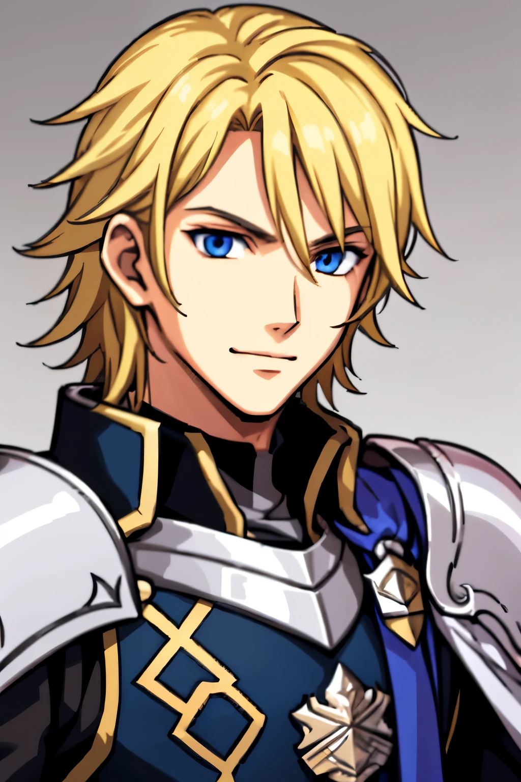 (high-quality, breathtaking),(expressive eyes, perfect face) 1boy, male, solo, portrait, half body, young adult, age 18, Fire Emblem Awakening, Symmetrical Eyes, Fire Emblem, golden blonde hair color, short hair length, messy wavy hair, upper body, blue eyes, positive expression, charming smile, detailed eyes, blonde brown hair, narrow eyes, kind expression, benevolent prince, grey background, detailed eyes, black armor, pink trim, cape, Fire Awakening Art Style, shoulder pad, Brave Chrom Fire Emblem Heros
