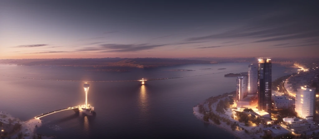 (best quality,4k,8k,highres,masterpiece:1.2),ultra-detailed,realistic,photorealistic:1.37,landscape,magnificent sunlight,overlooking a vast expanse of water,a bridge,wide-angle aerial shot,shot from 5 feet away,drone shot,wide-angle lens,panoramic view,perspective from above,slight turn to the left,drone aerial shot,wide field of view,expansive river and lake,view from above,drone shot,viewed from a drone perspective,top-down view