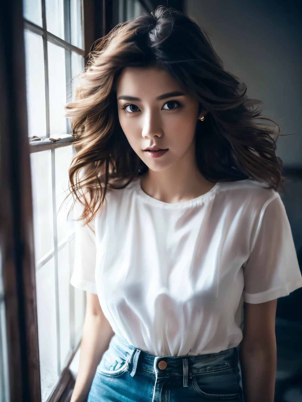 cinematic colour, Beautiful Eurasian woman, (best quality, Super detailed), Female lighting, Messy hair, Wearing a see-through white shirt and jeans, Beautiful, Dreamy atmosphere