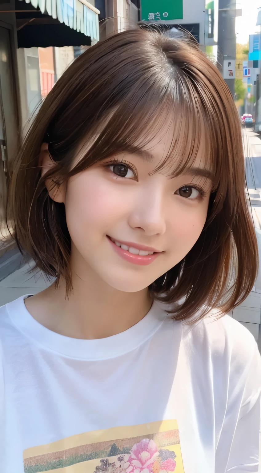 (highest quality,8K quality,masterpiece:1.3,),(超A high resolution:1.3,Photorealistic:1.4,Raw photo:1.2),(Ultra-detailed:1.2,Glowing Skin,Detailed skin:1.1),(Detailed face,Perfect Anatomy,Caustics:1.2), (Symmetrical eyes:1.3),1 girl,cute,Japanese,22 years old,Japanese Ido,Natural brown hair,Short hair curled outwards,cute目,Natural Makeup,Oversized T-shirt,Laughter,Looking at the camera,On the face,Face Focus,Street Corner,Professional Writing,Natural soft light,