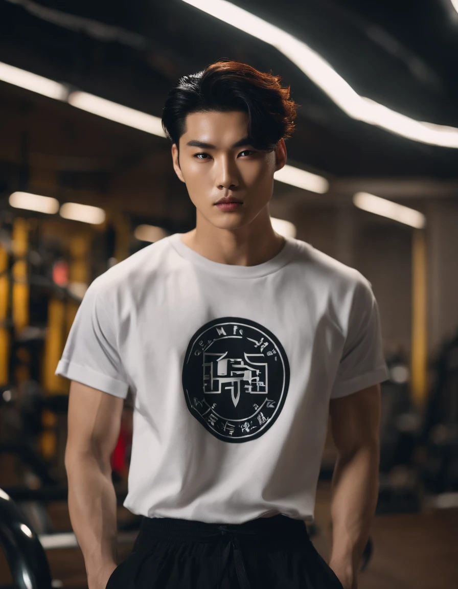 fashion photo of a Korean male model with black undercut hair, wearing a t-shirt with a gym logo in cinematic flash style, behind the gym