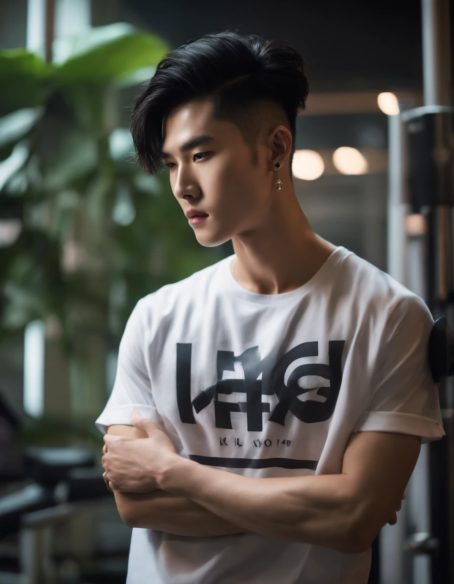 fashion photo of a Korean male model with black undercut hair, wearing a t-shirt with a gym logo in cinematic flash style, behind the gym