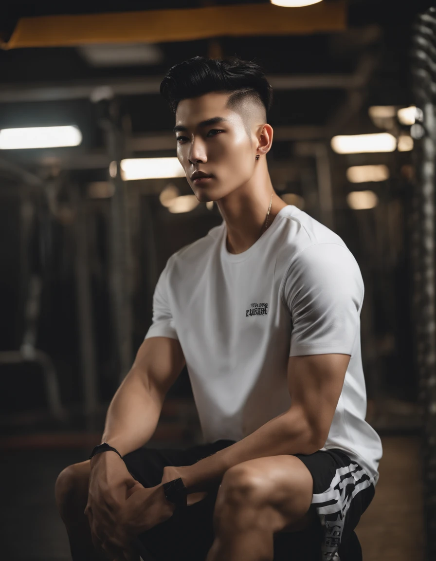 fashion photo of a Korean male model with black undercut hair, wearing a t-shirt with a gym logo in cinematic flash style, behind the gym