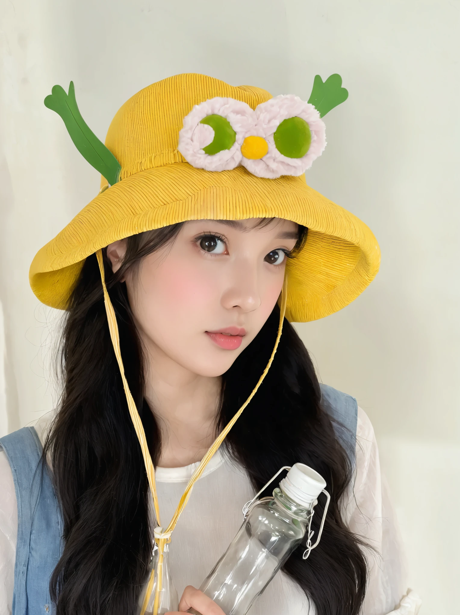 A girl wearing a cute hat,Holding a glass bottle