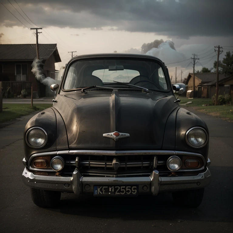 An old car is smoking from the motor. No people or other cars are in the photo. Only the car with smoke coming from the motor with its hood open. No sunlight. Smoke coming from engine and not background. Smoke is only coming from the front of the cars hood. Use same photo with no changes other than making sky a dark night.