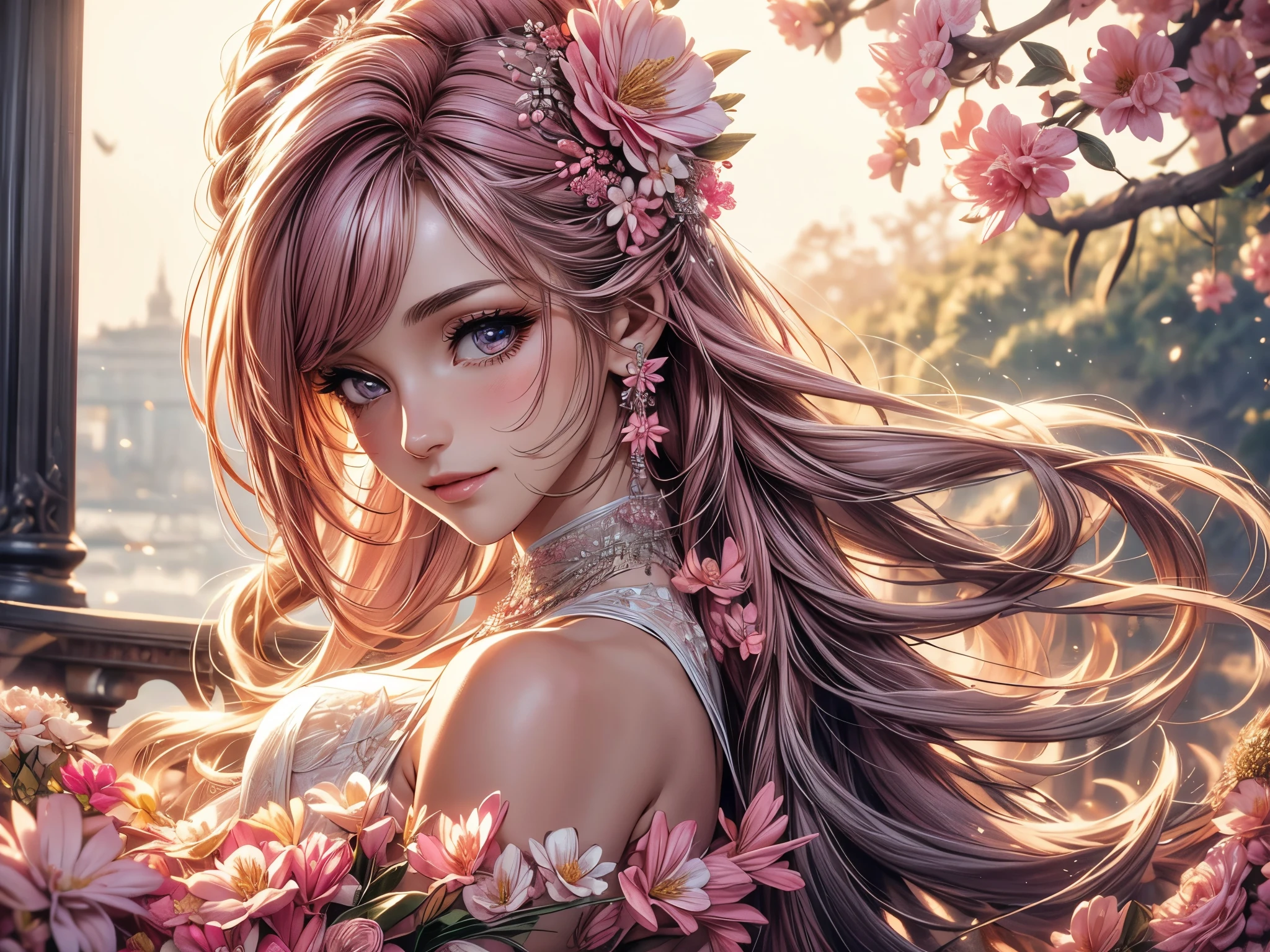 (best quality, 8K, masterpiece:1.2), Octane Render, pink fashion, elegant dress, pink long hair, beautiful woman, pretty eyes, gentle smile, flower hair ornament, surrounded by flowers