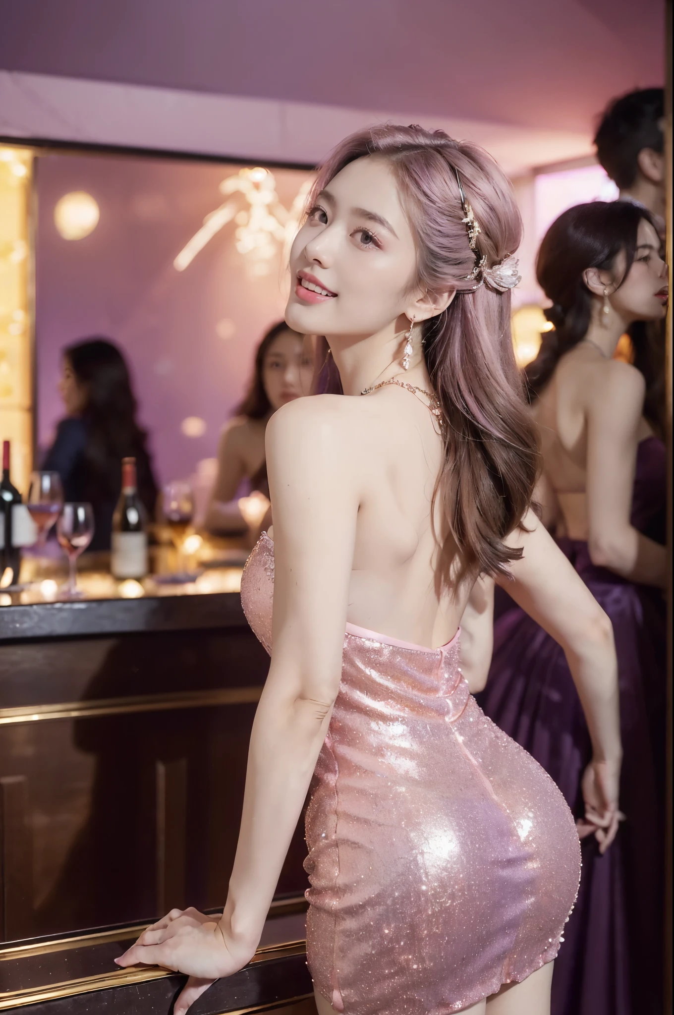 ((((8k))),((Extremely meticulous CG)) ,(wallpaper),16k,((Extremely refined and beautiful)),(((Masterpiece))),(((best qualtiy))),(((Ultra High Resolution))),beautiful light up,realistic shaded,(Smooth and flawless fair skin:1.5),(pale skin:1.3),(Extremely exquisite facial details:1.3),(perfect body:1.1),(ultra-detailed:1.2),((A beautiful girl,solo)),(small head:1.2),(earrings:1.2),(crystal necklace:1.2),(medium straight hair:1.2),(small face:1.2),(happy:1.2),(laughing:1.2),(bare back:1.3),(towering butts:1.3),(butt crack:1.3),((slim,thin)),(strapless pink-purple sparkled dress:1.5),(night scene:1.5),(indoor:1.2),(dim light:1.3),(pink neon lights:1.3),(In a bar:1.3),(Cyberpunk style:1.3),(many wine bottles in the wine cabinet:1.3),(goblet:1.2),(detailed background:1.5),(standing:1.3),(upper body:1.3),(from back:1.3),(lively festive atmosphere:1.3),(surrounded by crowded crowds:1.5)