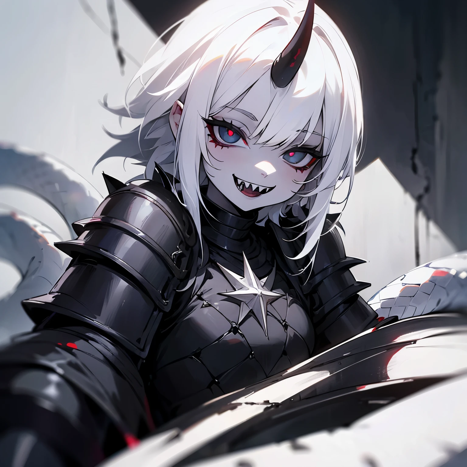 Small demon with white skin, white hair, black lipstick, black eye liner, with black spiked armor, black horns, smiling showing off sharp teeth, who has an albino snake around her