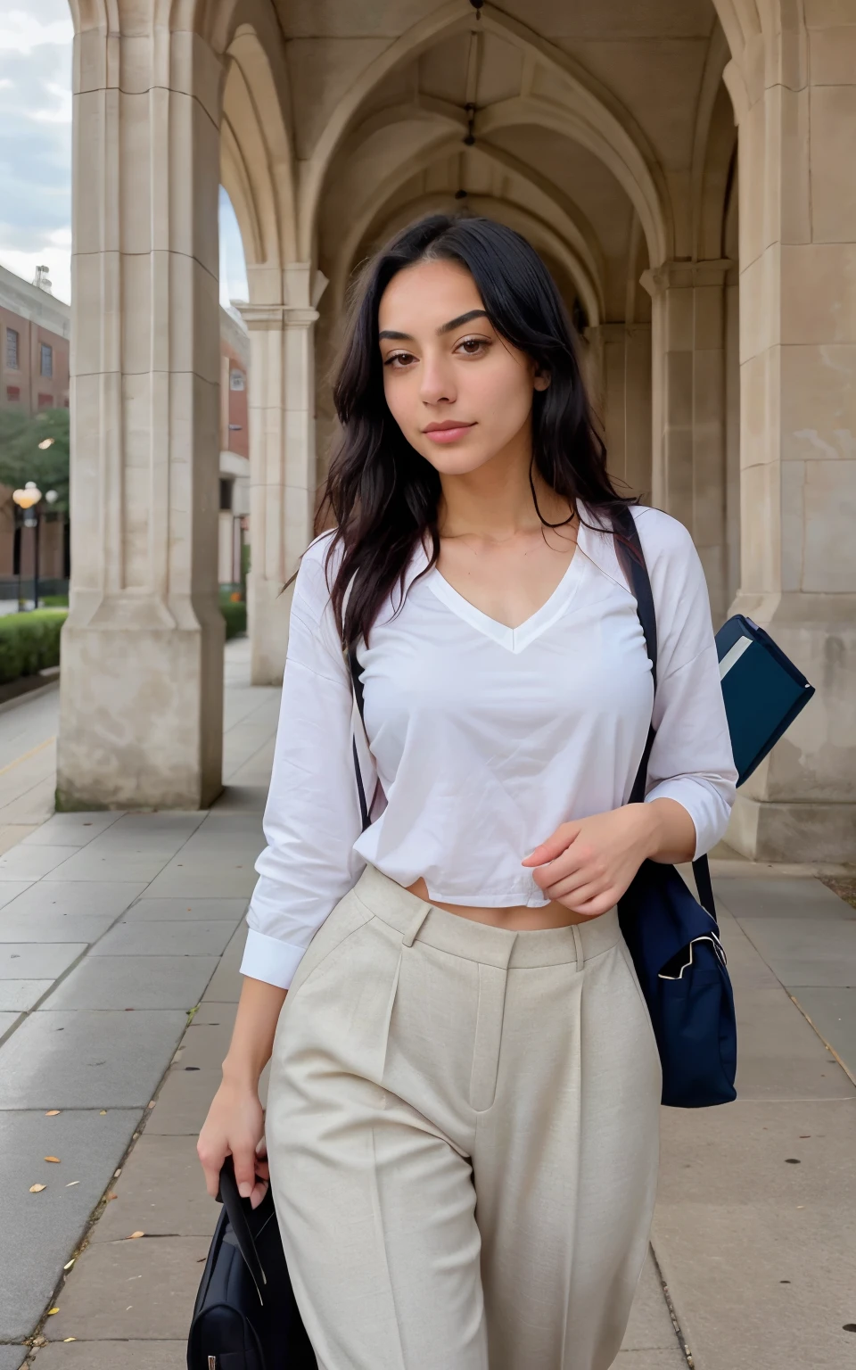 In this captivating image, a young woman with a pale and delicate complexion is immersed in a different activity: leaving the university after a day of studying. With her straight black hair falling gracefully over her shoulders and a slight smile curving her lips, she radiates a mix of satisfaction and determination as she passes through the gates of the university. Dressed in a comfortable but elegant outfit, our charming protagonist carries with her a backpack loaded with books and notes, indicating the intensity of her academic day.

Her white eyes reflect her relief and sense of accomplishment as she leaves the classrooms behind and prepares for her well-deserved rest. The photograph captures the moment in which our protagonist emerges from between the columns of the university, with the afternoon sun illuminating her face and the historic buildings as a backdrop. The university campus is bustling with activity, with students coming and going, but our young protagonist strides forward, ready to relax after a day of learning.

Every detail of her serene expression and graceful presence stands out with astonishing clarity, inviting the viewer to share in her sense of accomplishment and satisfaction. It is an image that celebrates the effort and dedication of university students, reminding us of the importance of persevering in the pursuit of knowledge and personal growth.