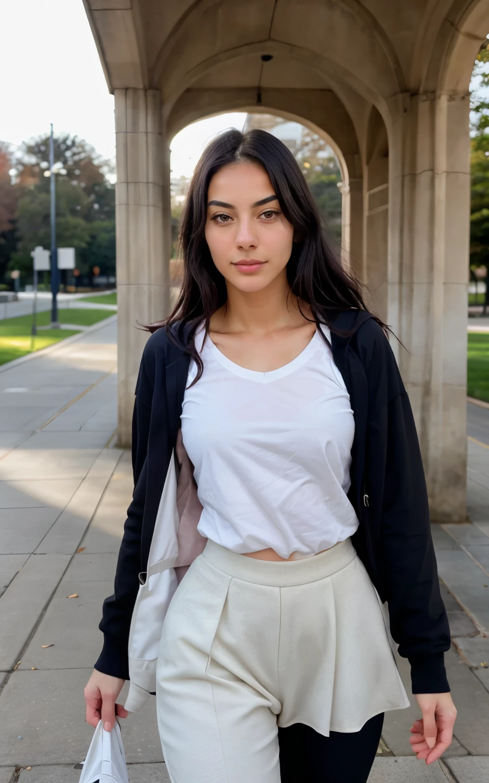 In this captivating image, a young woman with a pale and delicate complexion is immersed in a different activity: leaving the university after a day of studying. With her straight black hair falling gracefully over her shoulders and a slight smile curving her lips, she radiates a mix of satisfaction and determination as she passes through the gates of the university. Dressed in a comfortable but elegant outfit, our charming protagonist carries with her a backpack loaded with books and notes, indicating the intensity of her academic day.
Her white eyes reflect her relief and sense of accomplishment as she leaves the classrooms behind and prepares for her well-deserved rest. The photograph captures the moment in which our protagonist emerges from between the columns of the university, with the afternoon sun illuminating her face and the historic buildings as a backdrop. The university campus is bustling with activity, with students coming and going, but our young protagonist strides forward, ready to relax after a day of learning.
Every detail of her serene expression and graceful presence stands out with astonishing clarity, inviting the viewer to share in her sense of accomplishment and satisfaction. It is an image that celebrates the effort and dedication of university students, reminding us of the importance of persevering in the pursuit of knowledge and personal growth.