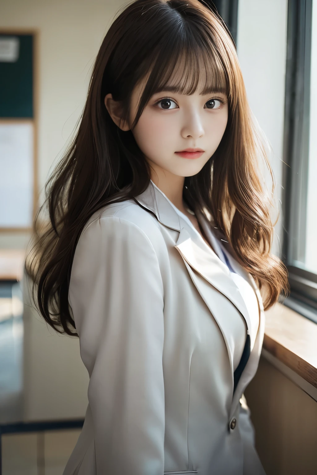(masterpiece、High resolution、high resolution、超High resolution、Delicate、16K、perfect lighting、sunlight)1 female(25 years old、brown hair、long hair、curly hair、clear eyes、dense lips、slim、Slender、OL、suit),high school classroom