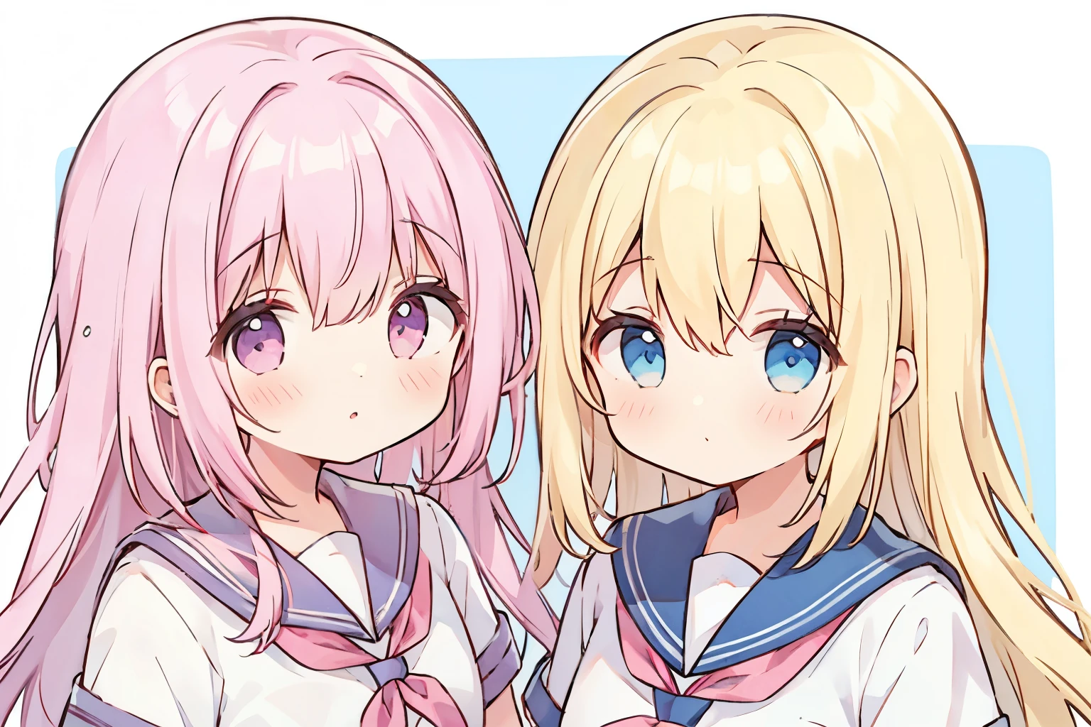 2 people, 2 girls, 2; Pink hair; white school uniform; yellow hair, blue 
