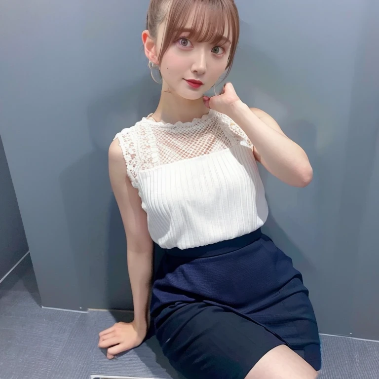 highest quality、Super detailed、body turned sideways、business tight shirt、Tight Skirt、short skirt、I can see down to my feet、thin thighs、perfect hands、perfect feet、perfect body、sexy shot, Photoreal, 8k、The outside of the chest is visible、ordinary chest、beautiful body line、being thin、short hair、cleavage, business mini skirt, alone, luster