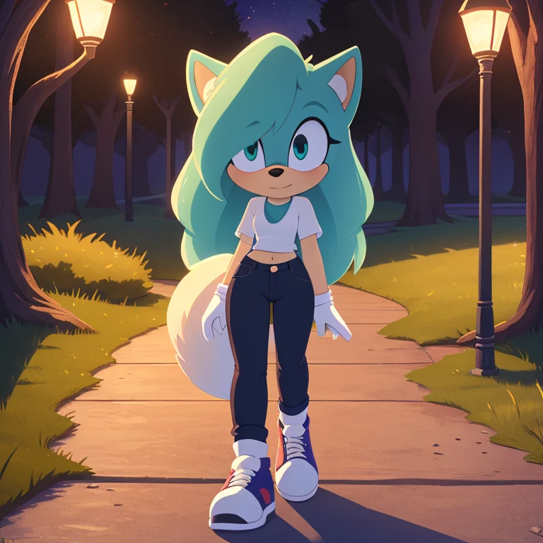 Sonic_(series), mobian, arctic fox, 1girl, solo, masterpiece, high quality, studio quality, intricate details, 4k, best quality, ultra-detailed, cinematic lighting, beautiful lighting, hi res, detailed, detailed background, vibrant lighting, white shirt, jeans, jean jacket, park, path, lamp post, trees, grass, standing, white sneakers, white gloves, cute, beautiful, small waist, wavy bangs, long hair, fluffy hair, long tail, fluffy tail, aqua hair, aqua eyes, white fur, white skin