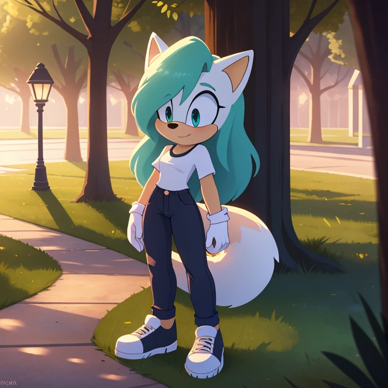 Sonic_(series), mobian, arctic fox, 1girl, solo, masterpiece, high quality, studio quality, intricate details, 4k, best quality, ultra-detailed, cinematic lighting, beautiful lighting, hi res, detailed, detailed background, vibrant lighting, white shirt, jeans, jean jacket, park, path, lamp post, trees, grass, standing, white sneakers, white gloves, cute, beautiful, small waist, wavy bangs, long hair, fluffy hair, long tail, fluffy tail, aqua hair, aqua eyes, white fur, white skin