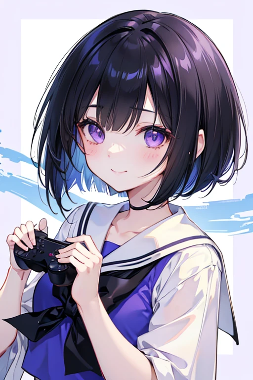 anime風のかわいい女の子,High resolution,Black Hair,Bob,fine,Active,Beautiful purple eyes,smile, A big smile、Short Hair、Light purple eyes、Beautiful eyes、Character portrait、Cute pose、Cute clothes、Round eyes、Long eyelashes、anime、Shining Eyes、Cute face、楽しいsmile、Fashionable clothes、Simple Background、so beautiful、Active、Black Hair、Playing a game、Have a controller、looks fun、Sailor style