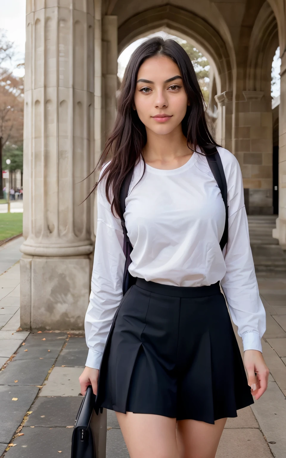 In this captivating image, a young woman with a pale and delicate complexion is immersed in a different activity: leaving the university after a day of studying. With her straight black hair falling gracefully over her shoulders and a slight smile curving her lips, she radiates a mix of satisfaction and determination as she passes through the gates of the university. Dressed in a comfortable but elegant outfit, our charming protagonist carries with her a backpack loaded with books and notes, indicating the intensity of her academic day.

Her white eyes reflect her relief and sense of accomplishment as she leaves the classrooms behind and prepares for her well-deserved rest. The photograph captures the moment in which our protagonist emerges from between the columns of the university, with the afternoon sun illuminating her face and the historic buildings as a backdrop. The university campus is bustling with activity, with students coming and going, but our young protagonist strides forward, ready to relax after a day of learning.

Every detail of her serene expression and graceful presence stands out with astonishing clarity, inviting the viewer to share in her sense of accomplishment and satisfaction. It is an image that celebrates the effort and dedication of university students, reminding us of the importance of persevering in the pursuit of knowledge and personal growth.