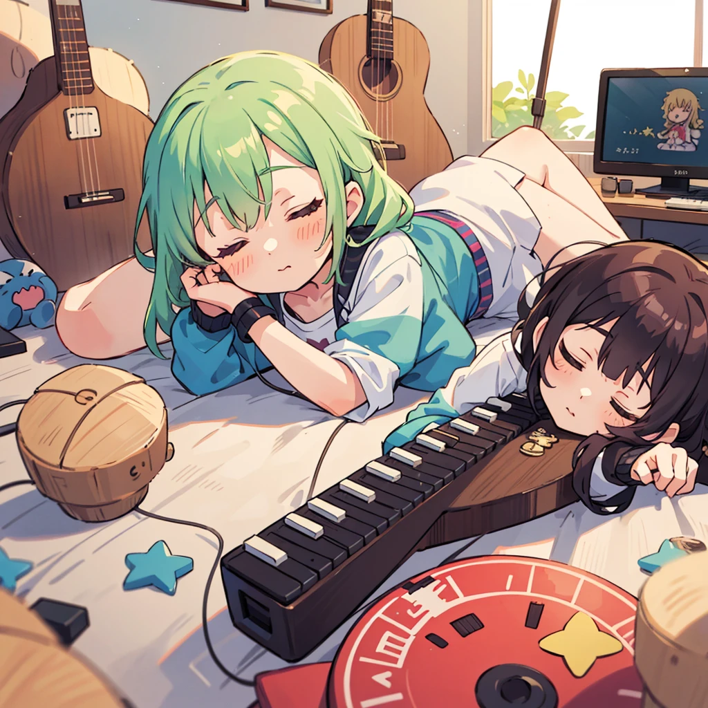 Cute girls lying down with their heads in the center in anime quality, 5Idol girls, band, guitar, drums, keyboard, Sleeping in a circle, Radial, Jacket illustration, arious pose, Kyoto Animation,