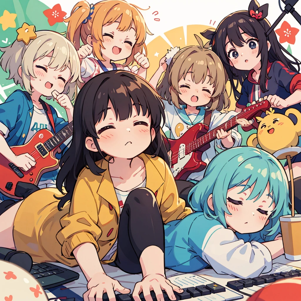 Cute girls lying down with their heads in the center in anime quality, 5Idol girls, band, guitar, drums, keyboard, Sleeping in a circle, Radial, Jacket illustration, arious pose, Kyoto Animation,