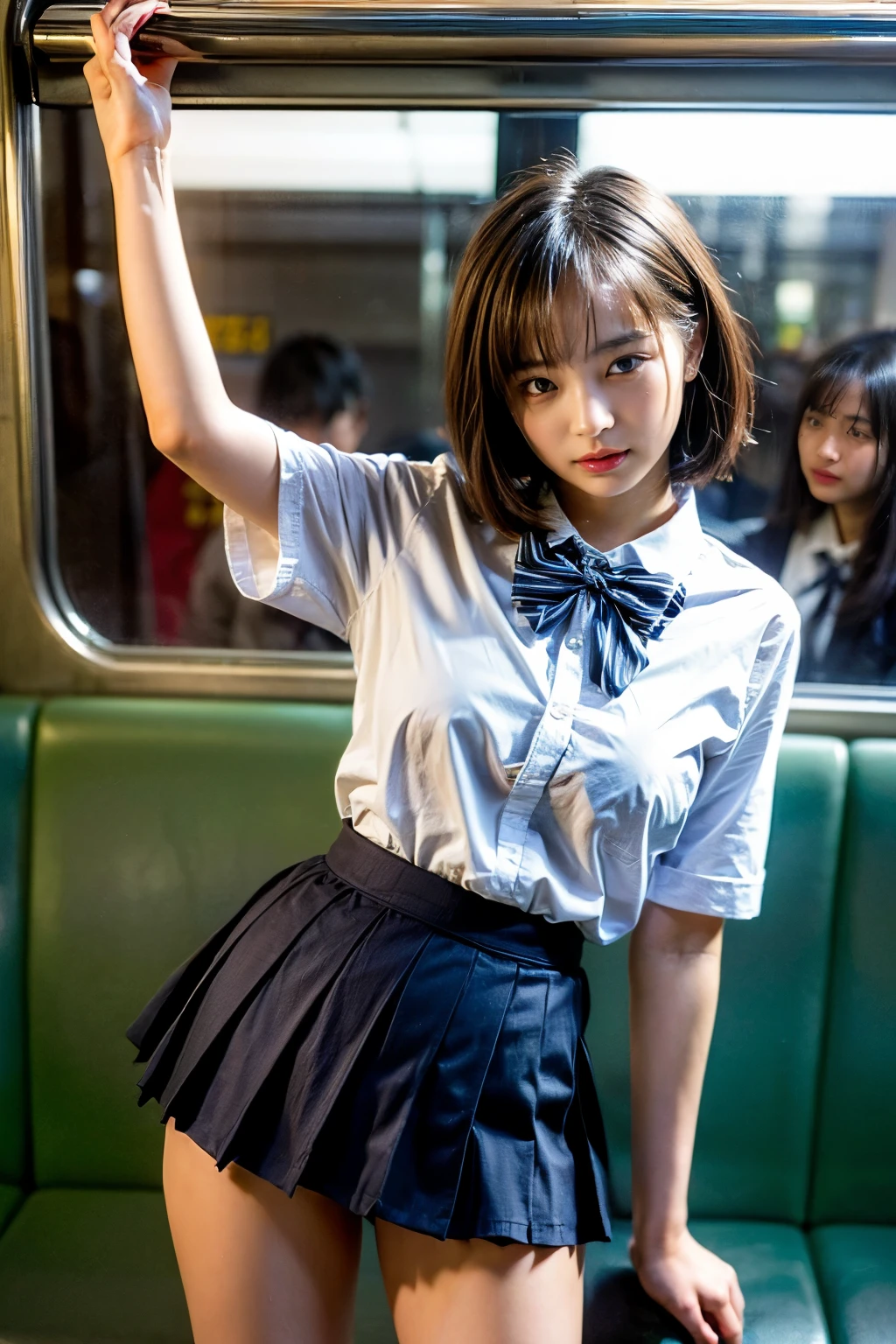 (8K、Raw photo、highest quality、masterpiece:1.2)、(realistic、Photoreal)、1 girl,(High school girl pulls up her skirt on the train and shows off your panties:1.6)、(cute face:1.3)、Japanese 1 girl,(Japan High School Girl)、(1 real high school girl)、(Japan High School Uniforms:1.6),small breasts,perfect skin,detail skin,(cute girl,short hair,Squeezing pussy:1.7)