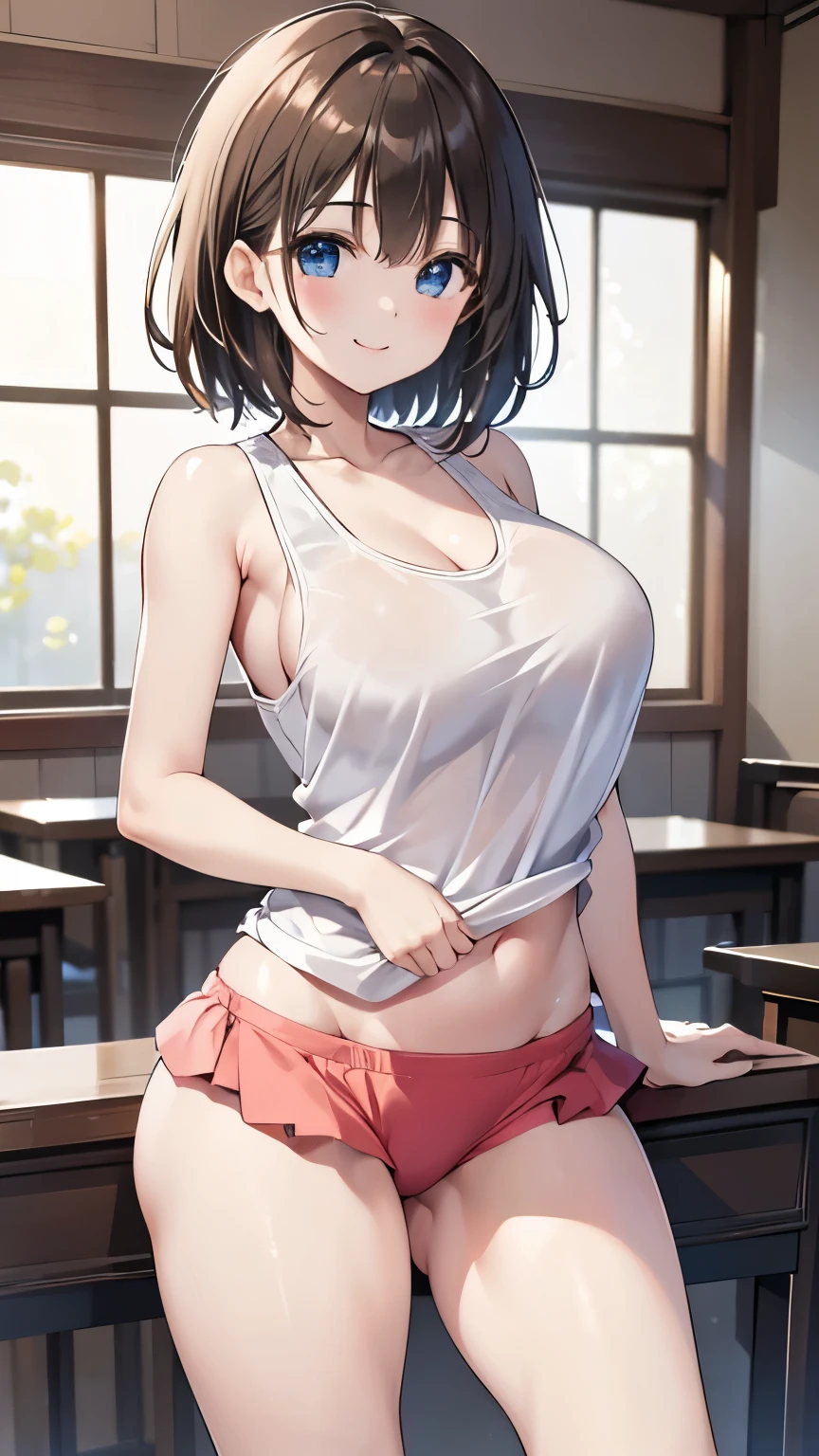 masterpiece、High quality photos、8k、白いTank top姿の女性、classroom、Tight fit、smile、Standing position、Bloomers、Body wet with sweat、smile、Tank top、Show me、sexy