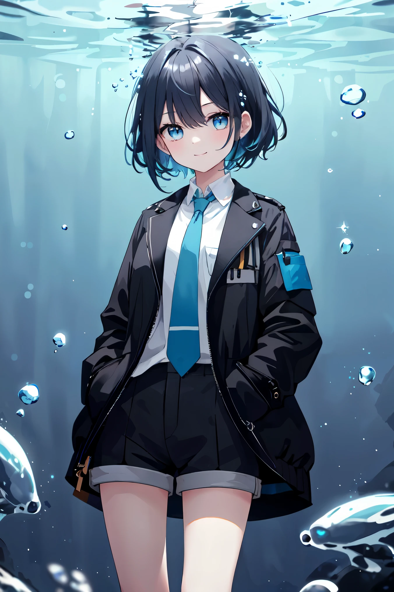 ((highest quality)), ((masterpiece)), ((Ultra-detailed)), (Very delicate and beautiful), With a girl, solo, Cold attitude,((Black jacket)),She is very(relax)with(Calm)Appearance,Black-haired, Depth of written boundary,Wicked Smile,bubble, Underwater, Air bubbles,bright light blue eyes,The inside color is light blue、Hair tips are dark blue,Cold Background,Bob Hair - Line Drawing, Shorts、Knee-high socks、Like a white uniform 、Light blue ribbon tie、The clothes are transparent、Put your hands in your pockets