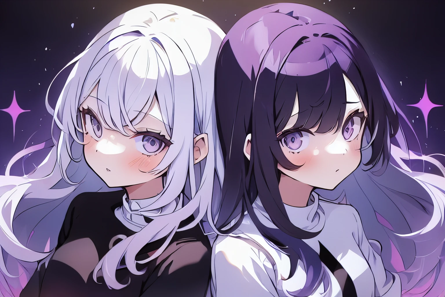 2 girls, 2 people, 2; black hair, purple clothes; White hair, blue clothes
