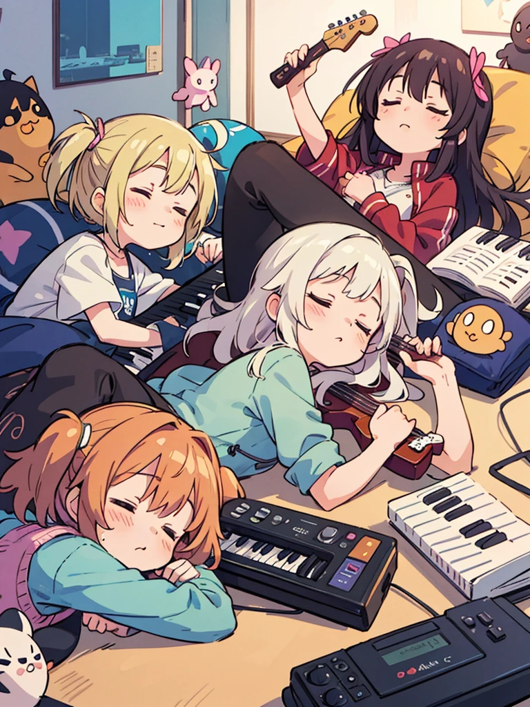 Cute girls lying down with their heads in the center in anime quality, 5Idol girls, band, guitar, drums, keyboard, Sleeping in a circle, Radial, Jacket illustration, arious pose, Kyoto Animation,