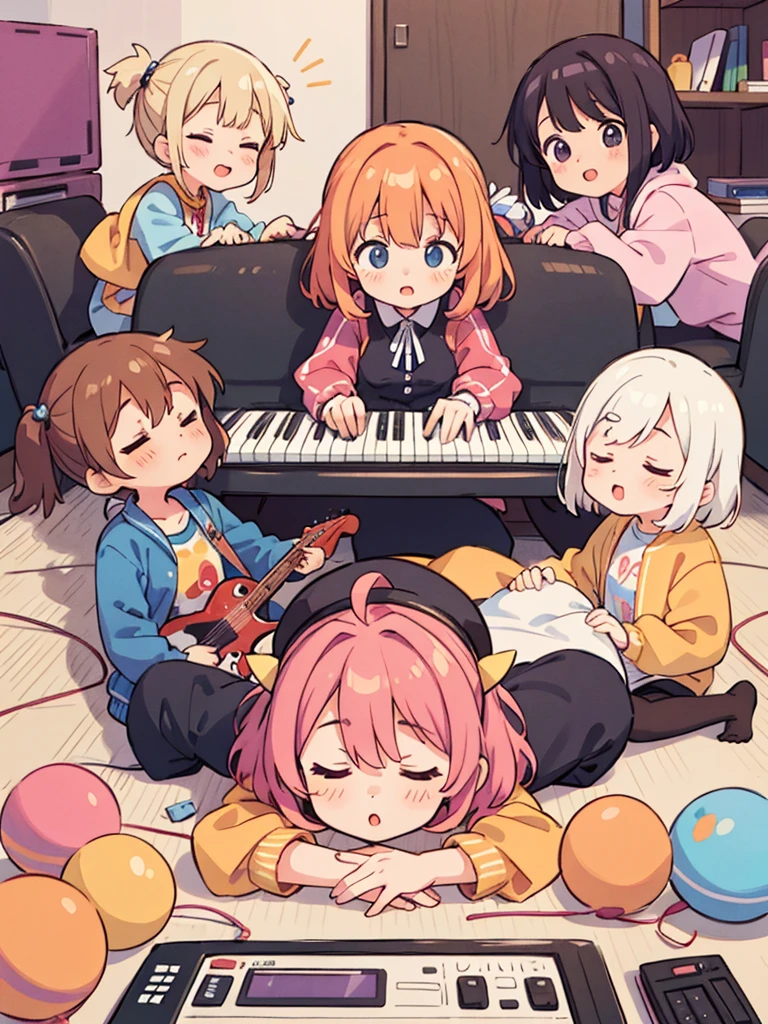 Cute girls lying down with their heads in the center in anime quality, 5Idol girls, band, guitar, drums, keyboard, Sleeping in a circle, Radial, Jacket illustration, arious pose, Kyoto Animation,