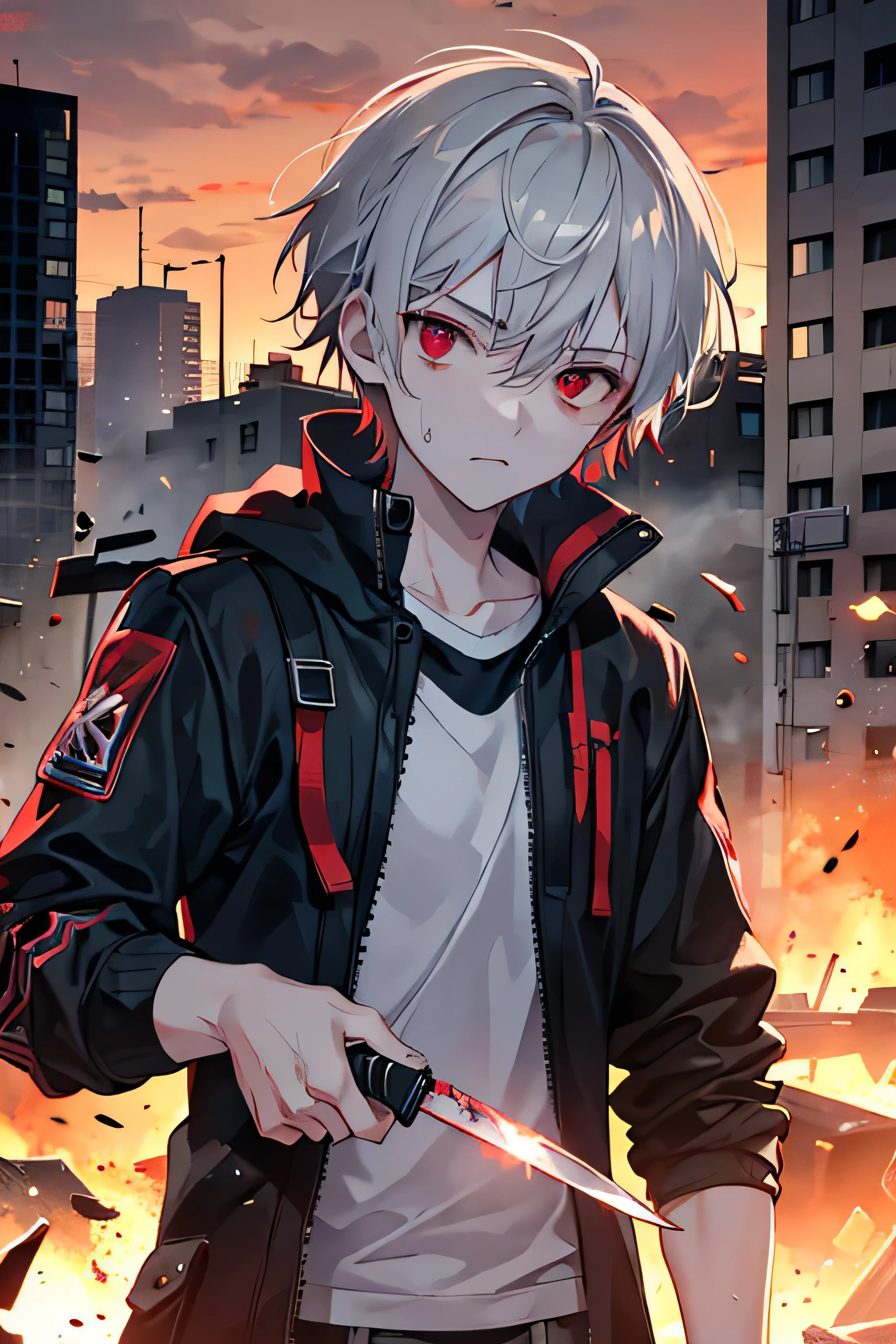 1boy, 19 years old, short messy grey hair, red eyes, eyebags, tall, lean build, emotionless expression, bloodstain on clothes, holding a kitchen knife close to the camera. Post-apocalyptic world, mossy cities, red sky filled with clouds, zombies in background, 8k, highres, looking at viewer, face closeup, absurdres, masterpiece, shining star in the middle