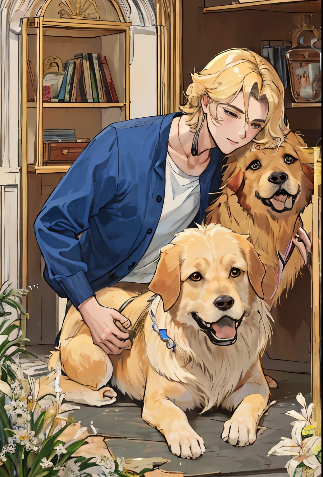 masterpiece, best quality, 1 Male，Golden Retriever