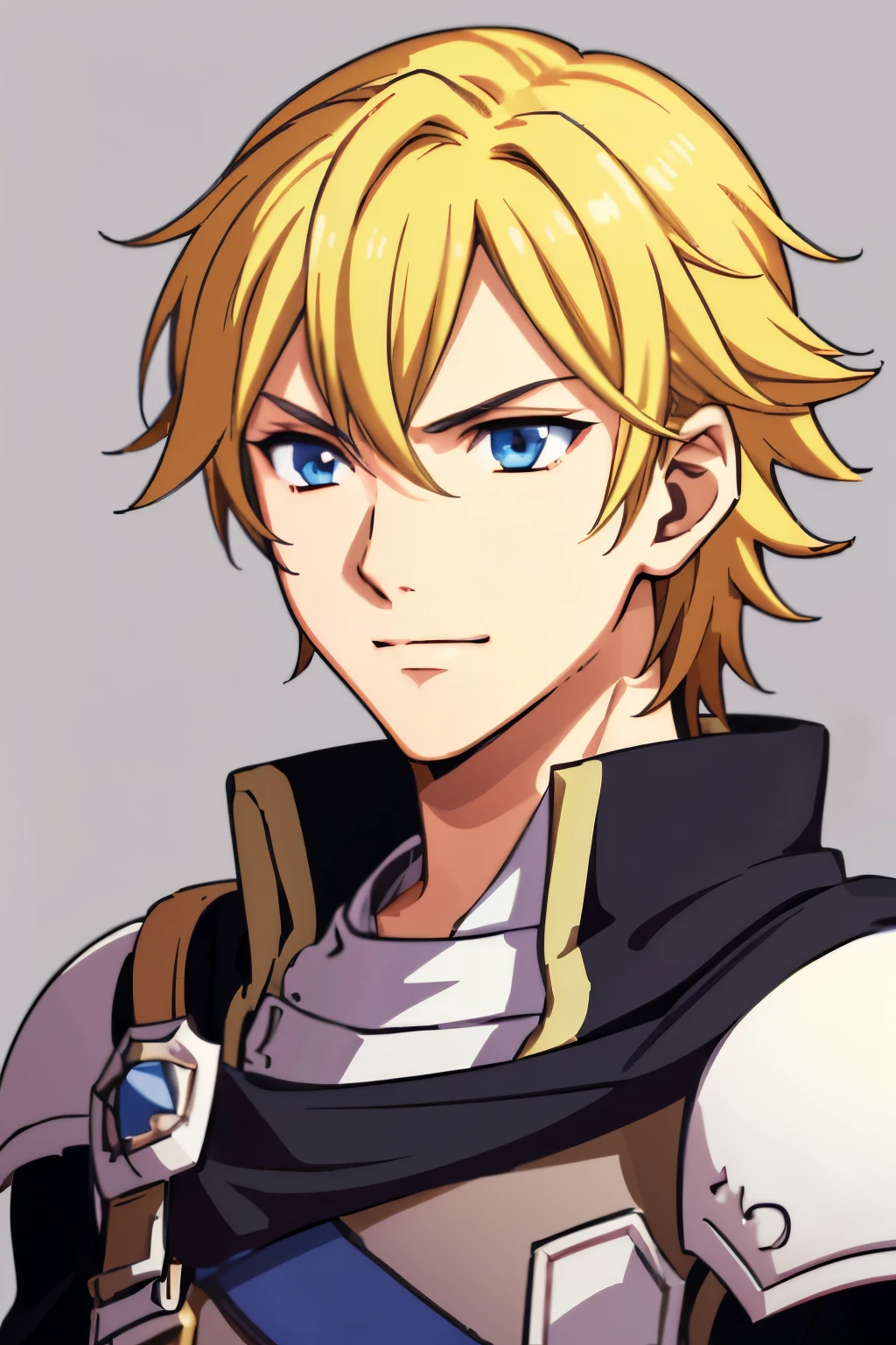 (high-quality, breathtaking),(expressive eyes, perfect face) 1boy, male, solo, portrait, half body, young adult, age 18, Fire Emblem Awakening, Symmetrical Eyes, Fire Emblem, golden blonde hair color, short hair length, messy wavy hair, upper body, blue eyes, positive expression, charming smile, detailed eyes, blonde brown hair, narrow eyes, kind expression, benevolent prince, grey background, detailed eyes, black armor, pink trim, cape, Fire Awakening Art Style, Brave Chrom Fire Emblem Heros
